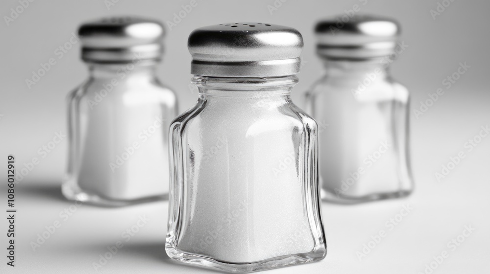 Three small ceramic containers used for seasoning food, placed side by side Three small ceramic containers used for seasoning food, placed side by side