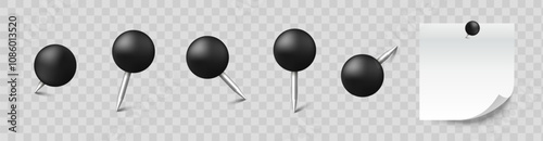 Realistic set with paper pins. Black pin for paper attach. Vector EPS 10
