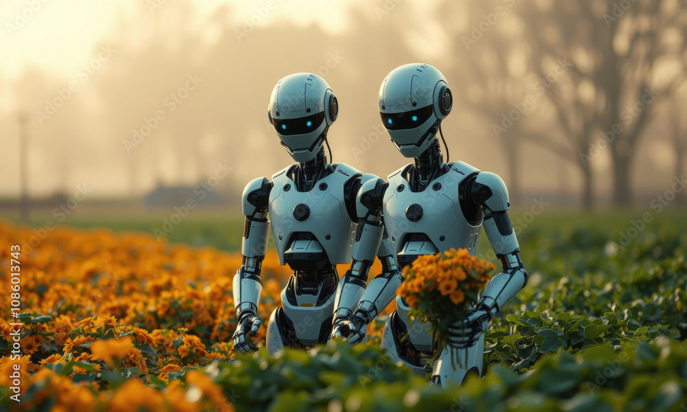 Humanoid robots in flower field, showcasing advanced technology in agriculture. scene captures serene morning with vibrant flowers and futuristic farming approach Humanoid robots in flower field, showcasing advanced technology in agriculture. scene captures serene morning with vibrant flowers and futuristic farming approach