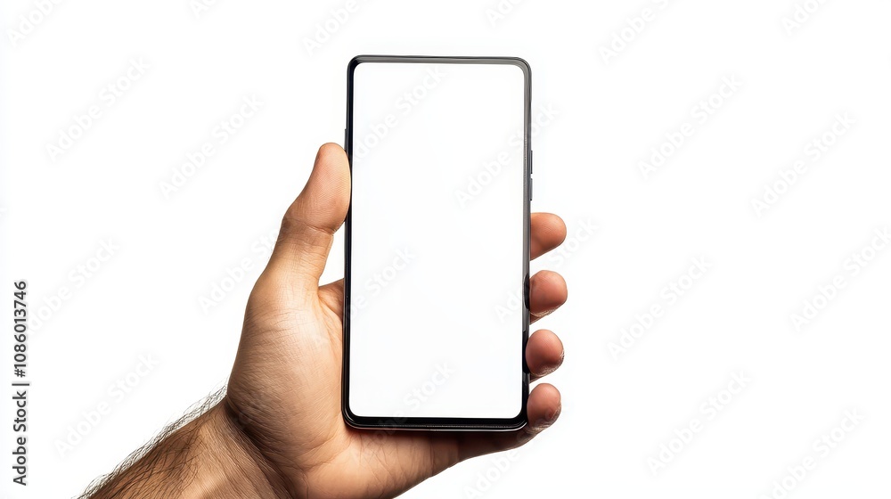 Man s hand showing a mobile smartphone with a white screen in vertical position isolated on a white background Man s hand showing a mobile smartphone with a white screen in vertical position isolated on a white background