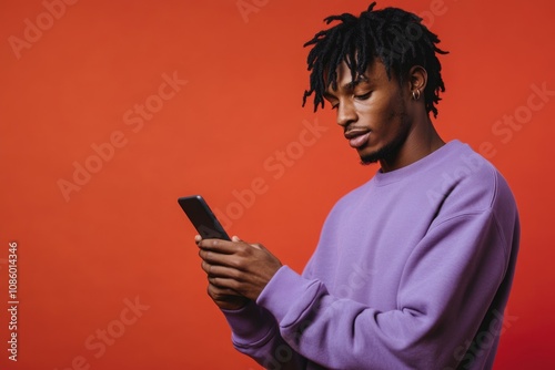 A person with dreadlocks holding and gazing at their mobile device, possibly lost in thought or checking messages