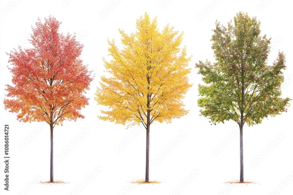 Fototapeta premium Four distinct trees with various colors against a white background, ideal for illustrations and designs