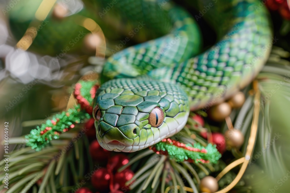 Close-up shot of a snake curled around a Christmas tree decoration Close-up shot of a snake curled around a Christmas tree decoration