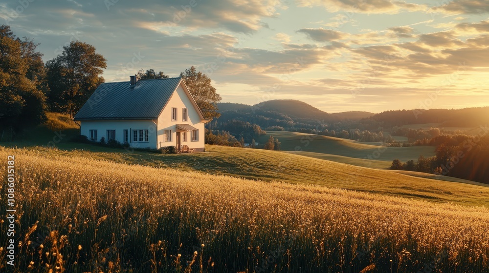 A serene countryside home surrounded by endless rolling hills. A serene countryside home surrounded by endless rolling hills.