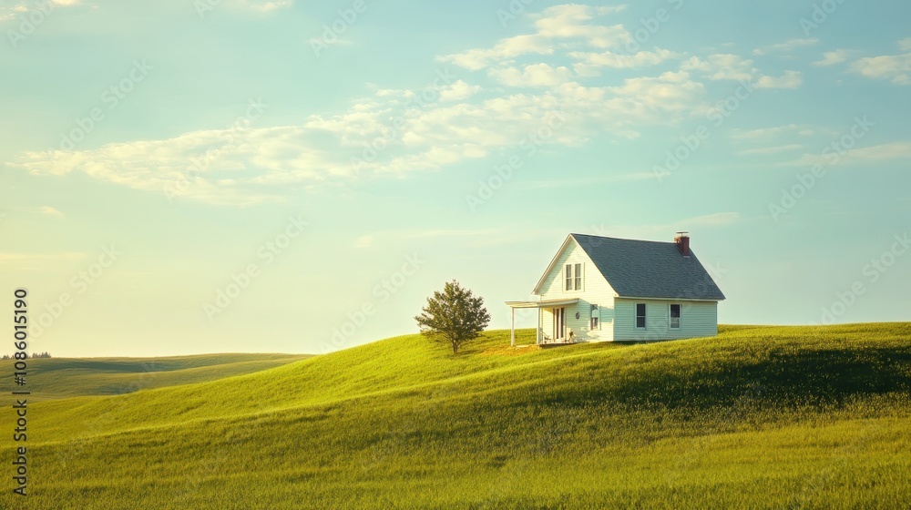 A serene countryside home surrounded by endless rolling hills. A serene countryside home surrounded by endless rolling hills.