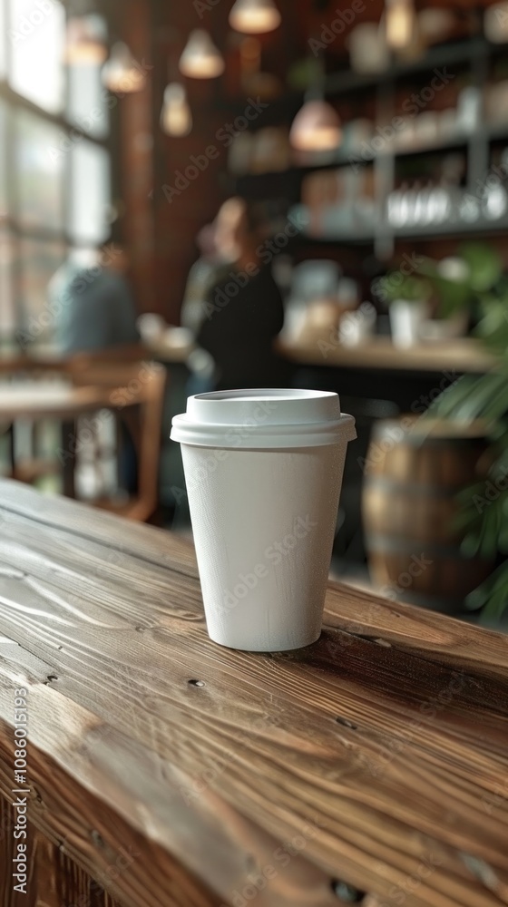 White to-go coffee cup on wooden counter in a trendy cafe with blurred background. Mockup of a beverage container, perfect for branding and advertising. White to-go coffee cup on wooden counter in a trendy cafe with blurred background. Mockup of a beverage container, perfect for branding and advertising.