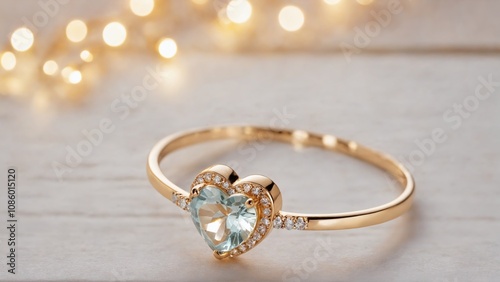 Valentine's day festive background A gold and blue heart shaped ring with diamonds photo