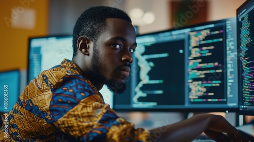 Young African male programmer writing code at a workplace with three monitors, focused on the screen