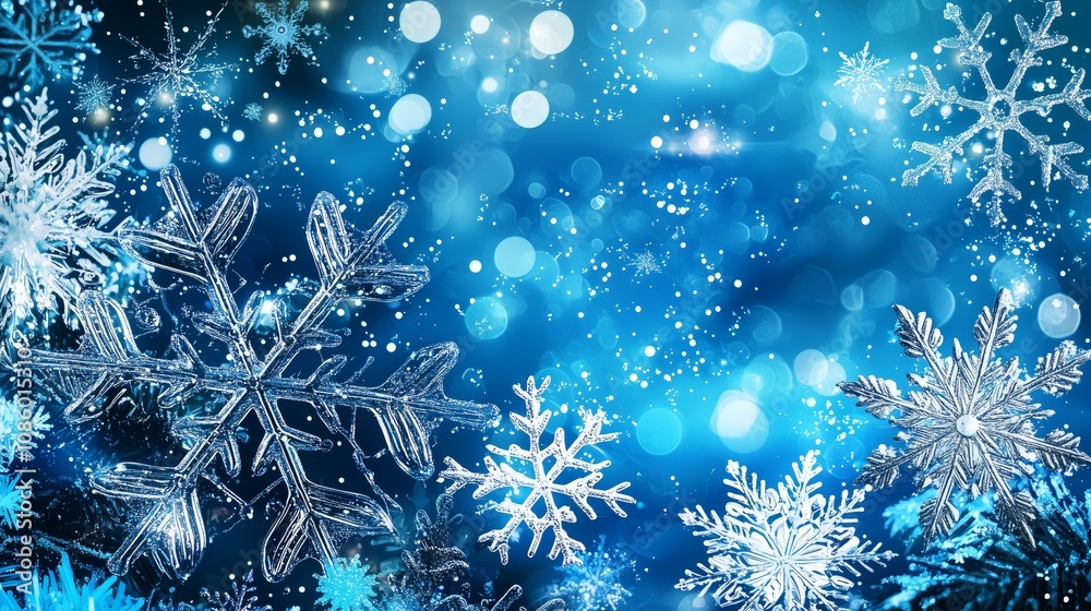 Winter-Themed Close-Up of Intricately Detailed Snowflakes on Vibrant Blue Gradient Background with Bokeh Light Effects Winter-Themed Close-Up of Intricately Detailed Snowflakes on Vibrant Blue Gradient Background with Bokeh Light Effects