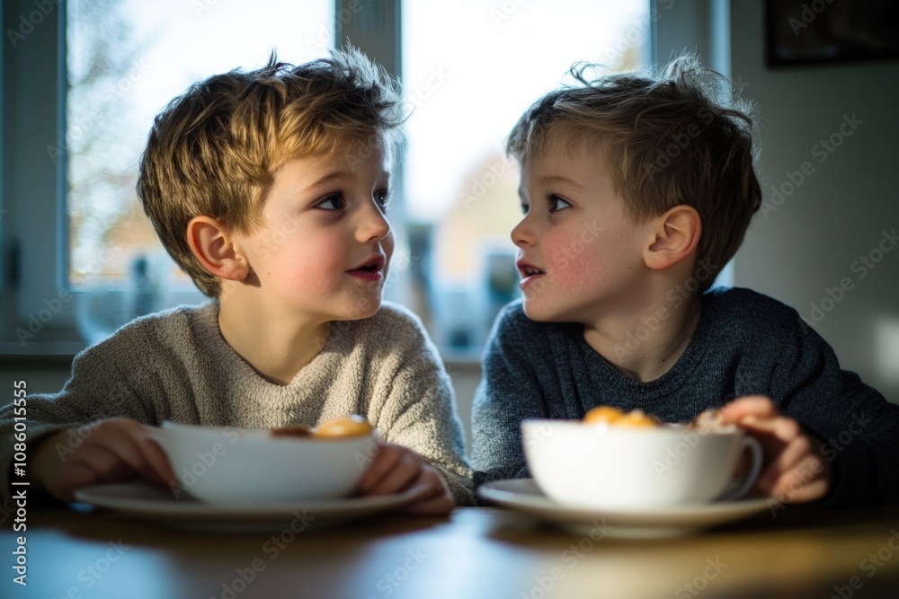 Two young boys enjoying their breakfast with a bowl of cereal Two young boys enjoying their breakfast with a bowl of cereal
