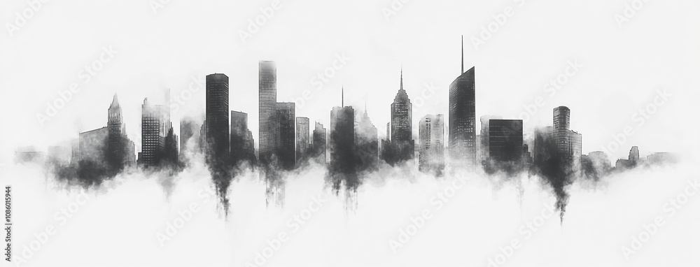 A stylized grayscale cityscape, painted in watercolor, suggests a peaceful morning A stylized grayscale cityscape, painted in watercolor, suggests a peaceful morning
