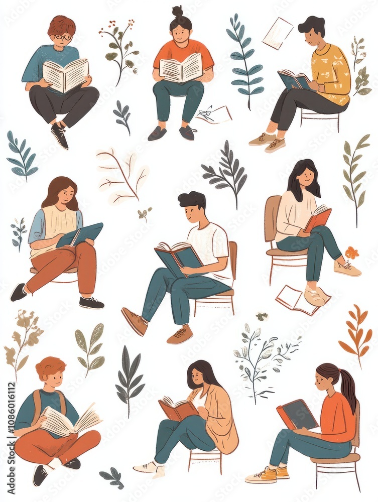 Obraz premium Linear vector illustration set of isolated students in learning process. Distance web learning, e-learning tools, school college activity, read a book, happy students with diploma, inclusive educatio