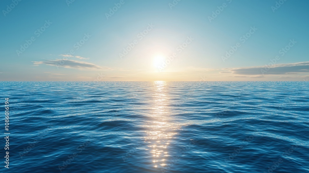 Obraz premium Blue ocean panorama with sun reflection, ripple waves, and calm sea with beautiful sunlight