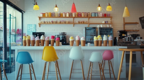 A small ice cream shop with colorful chairs and cones stacked behind the counter.