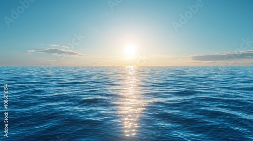 Fototapeta Naklejka Na Ścianę i Meble -  Blue ocean panorama with sun reflection, ripple waves, and calm sea with beautiful sunlight