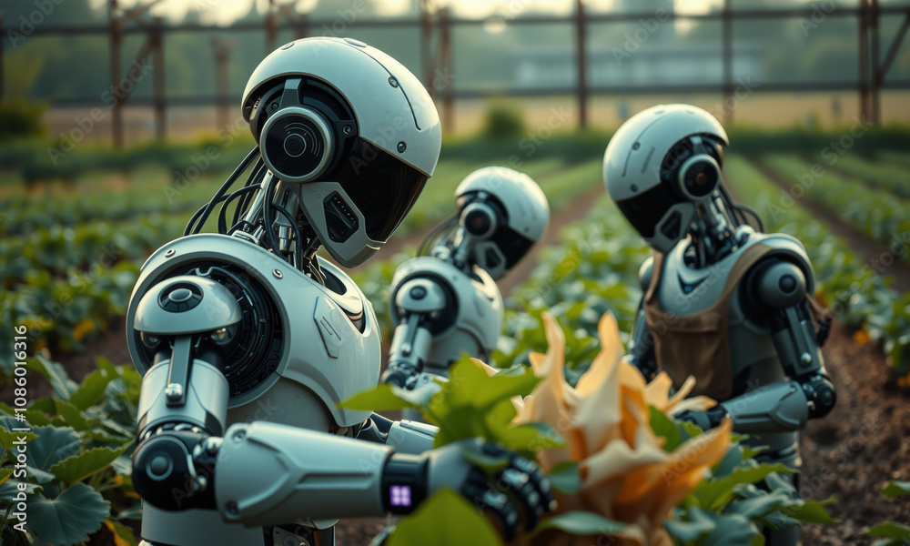 Humanoid robots working in farm field, harvesting crops with precision and efficiency. scene showcases advanced technology in agriculture Humanoid robots working in farm field, harvesting crops with precision and efficiency. scene showcases advanced technology in agriculture