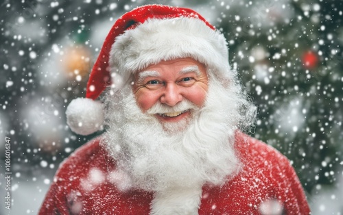 Joyful Santa Claus stands in festive attire with a bright smile against a pure white background, spreading holiday cheer and warmth