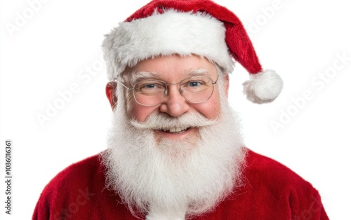 Joyful Santa Claus smiling at the camera with a festive expression against a pure white background during the holiday season