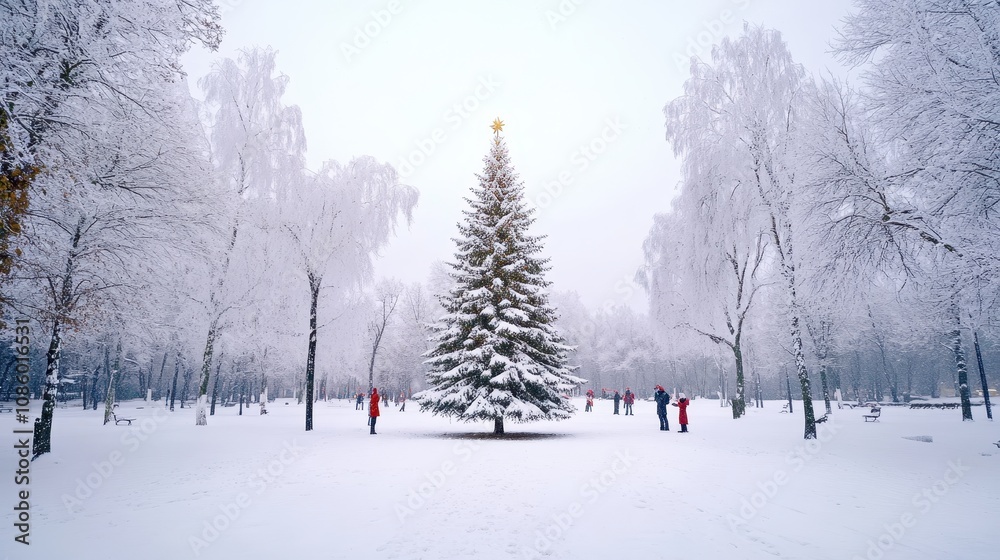 Fototapeta premium A snow-covered park with a large Christmas tree at the center, surrounded by carolers singing joyfully.