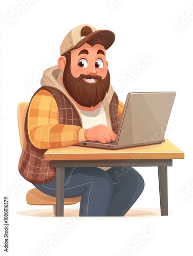 Man working with laptop cartoon character. Freelancer using computer. Freelance business, remote job, distant work. Time managementt. Home office. Vector isolated concept metaphor illustration photo