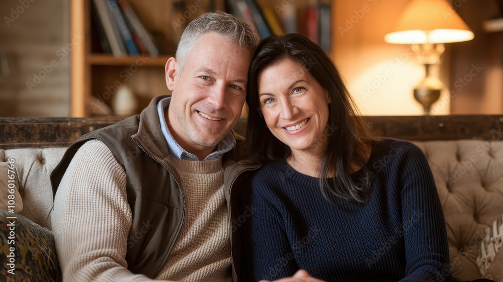 A cheerful middle-aged Caucasian couple sitting closely on a vintage sofa, radiating love and warmth in a cozy living room setting. A cheerful middle-aged Caucasian couple sitting closely on a vintage sofa, radiating love and warmth in a cozy living room setting.
