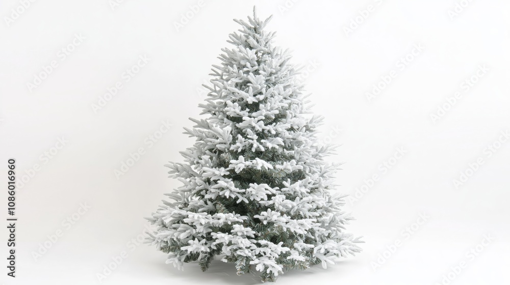 Realistic Artificial Christmas Tree with Densely Frosted Branches Creating Snow-Covered Appearance, Symmetrical and Lush Design Against Plain White Background with Green Undertones Realistic Artificial Christmas Tree with Densely Frosted Branches Creating Snow-Covered Appearance, Symmetrical and Lush Design Against Plain White Background with Green Undertones