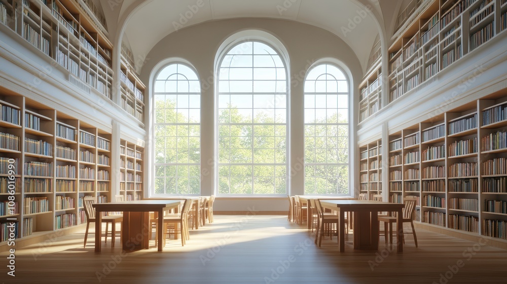 A spacious library reading room with arched windows and study tables. A spacious library reading room with arched windows and study tables.