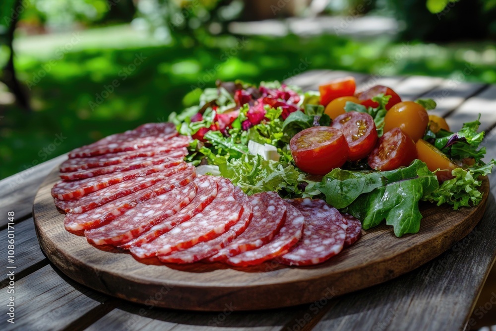 A platter filled with sliced meat, vegetables, and possibly some condiments or garnishes A platter filled with sliced meat, vegetables, and possibly some condiments or garnishes