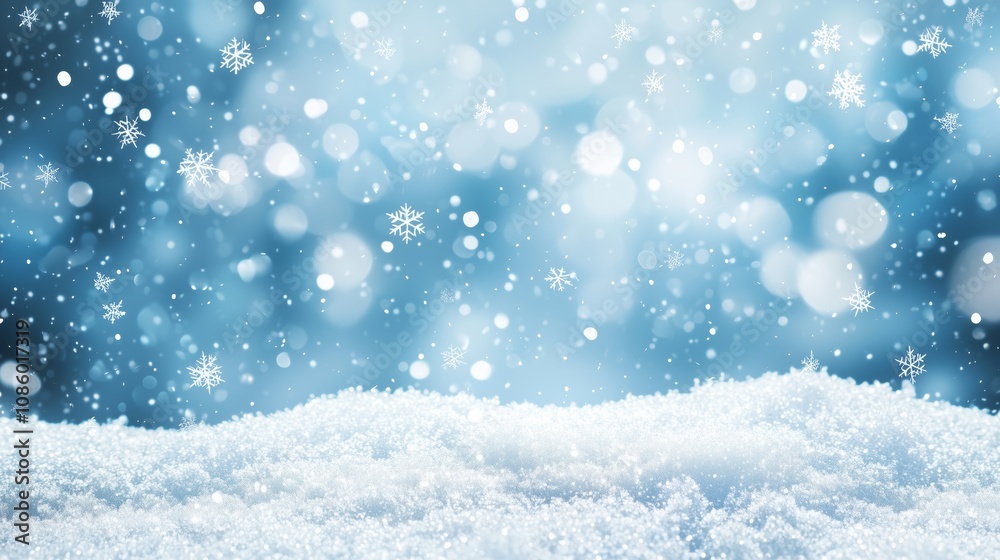 Winter Scene with Fluffy Snow in Foreground, Blue Gradient Background, White Snowflakes, and Circular Bokeh Lights for Serene Festive Atmosphere Winter Scene with Fluffy Snow in Foreground, Blue Gradient Background, White Snowflakes, and Circular Bokeh Lights for Serene Festive Atmosphere