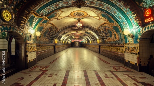 A subway station with intricate tile art and glowing neon signs. photo