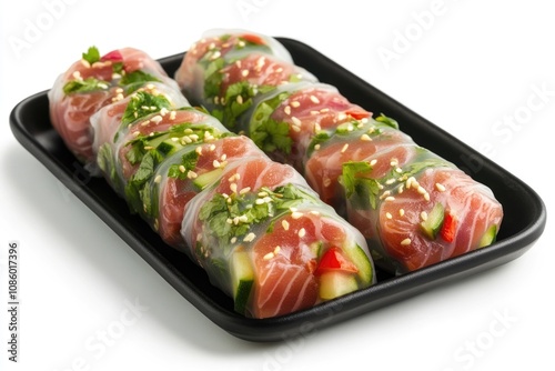 A black tray filled with sushi rolls made of various meats and vegetables