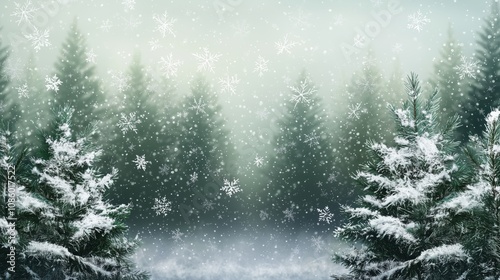 Snow-Covered Pine Trees with Snowflakes and Misty Overcast Sky in Winter Forest