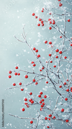 snowflakes gently falling across a light blue sky. In the foreground, clusters of bright red berries rest on frosty branches, creating a beautiful contrast against the soft pastel tones