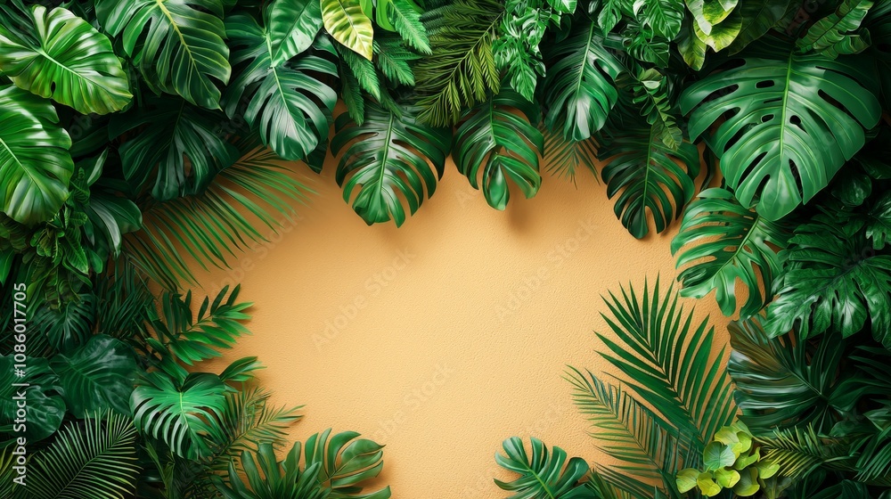 A vibrant arrangement of tropical leaves framing a warm, solid background. A vibrant arrangement of tropical leaves framing a warm, solid background.
