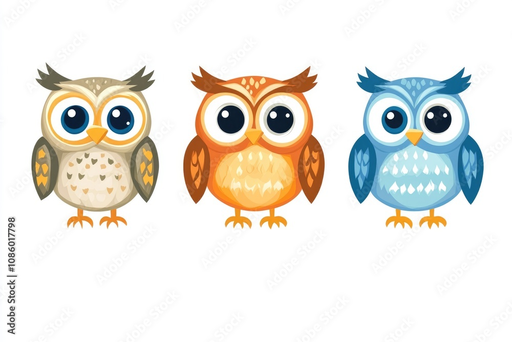 Fototapeta premium Three owls sit side by side, looking wise and alert