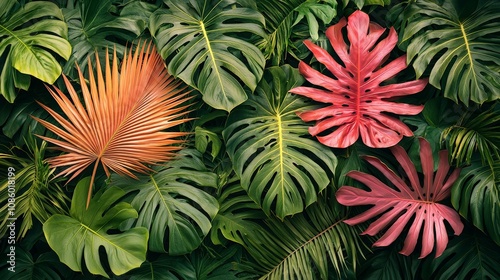 A vibrant arrangement of tropical leaves in various colors and shapes.