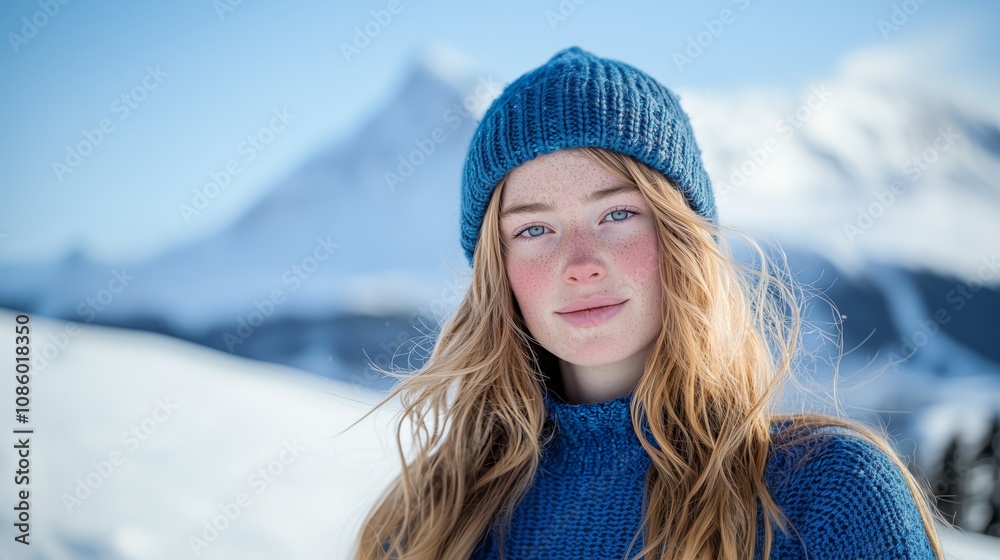 Portrait of Young Woman in Blue Beanie with Windswept Blonde Hair Standing in Snowy Mountain Landscape Portrait of Young Woman in Blue Beanie with Windswept Blonde Hair Standing in Snowy Mountain Landscape