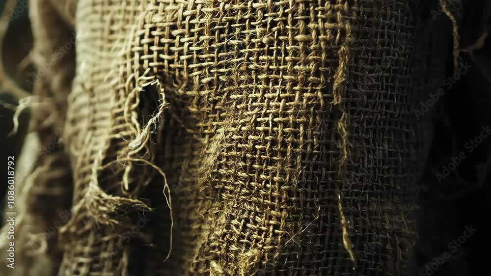 The photograph features a detailed close-up of a piece of burlap The photograph features a detailed close-up of a piece of burlap