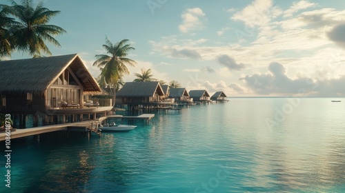 A tropical island resort with overwater bungalows and a sparkling ocean.