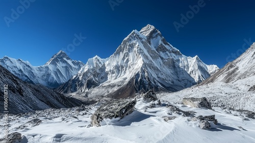 Rugged Mountain Peak with Bright White Snow and Dark Surfaces Against Clear Vibrant Blue Sky