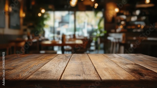 Empty wooden table space platform with blurry defocused restaurant interior, vintage tone