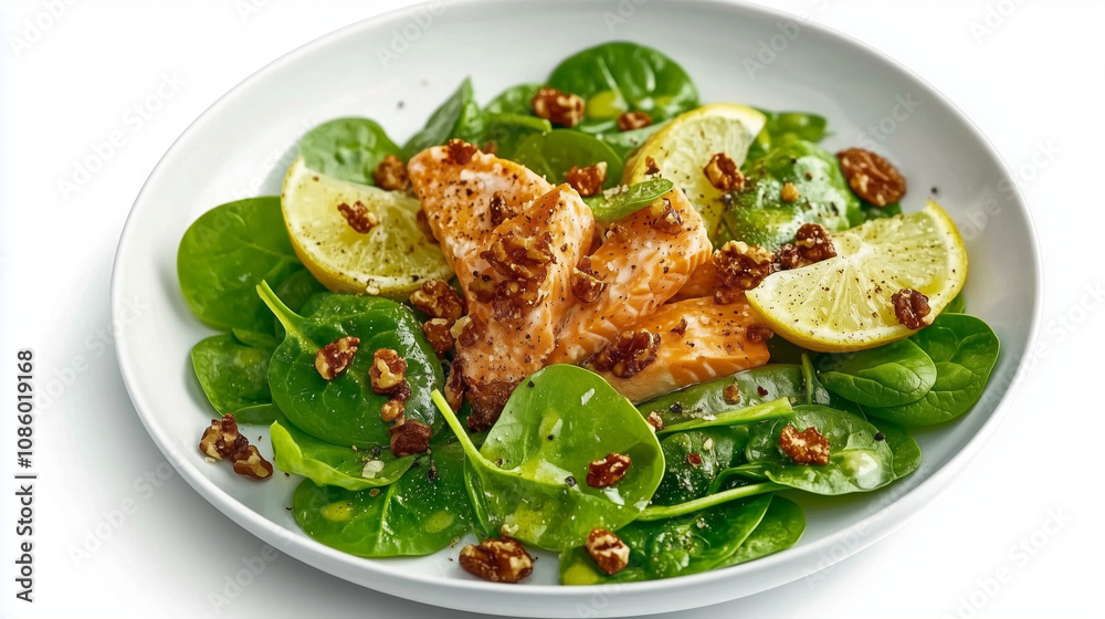 Delicious salmon salad with spinach, nuts, and lemon slices on a white plate Delicious salmon salad with spinach, nuts, and lemon slices on a white plate