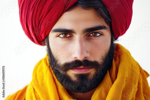 A person with a bright red turban on their head, possibly for cultural or religious purposes photo