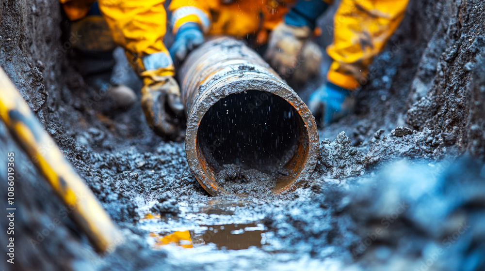Workers in protective gear handle a large pipe in a muddy trench. Concept construction and repair work. For construction safety materials Workers in protective gear handle a large pipe in a muddy trench. Concept construction and repair work. For construction safety materials