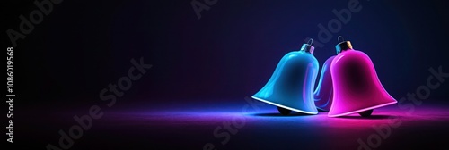 Minimalist Christmas bells with a neon gradient transitioning from electric blue to magenta, casting a soft glow on a dark backdrop