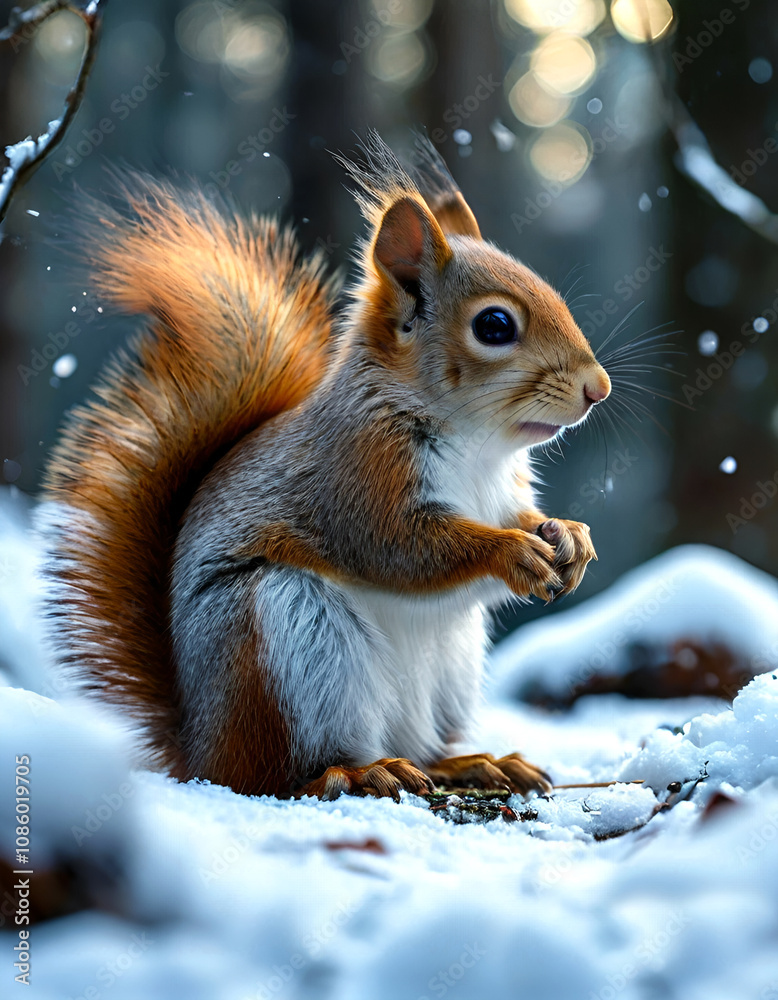 Adorable baby squirrel playing in the snow. Mesmerizing winter scene. Perfect for pet related projects and holiday cards. Adorable baby squirrel playing in the snow. Mesmerizing winter scene. Perfect for pet related projects and holiday cards.