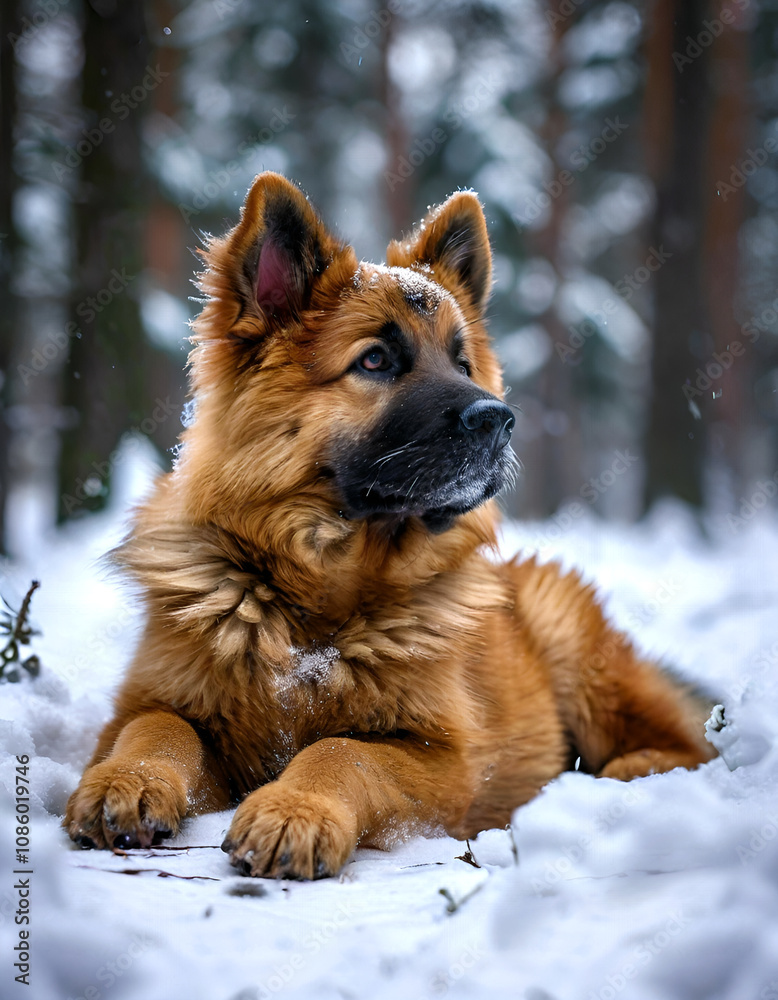 Naklejka premium Adorable baby animal playing in the snow. Mesmerizing winter scene. Perfect for pet related projects and holiday cards.