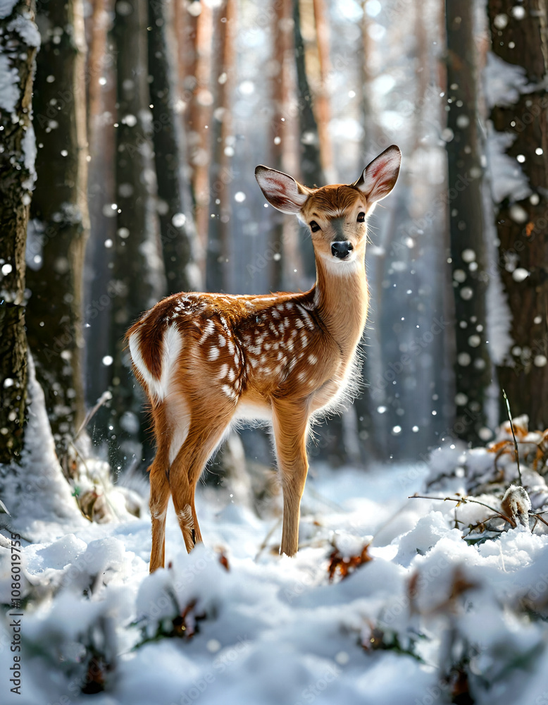 Adorable baby deer playing in the snow. Mesmerizing winter scene. Perfect for pet related projects and holiday cards. Adorable baby deer playing in the snow. Mesmerizing winter scene. Perfect for pet related projects and holiday cards.