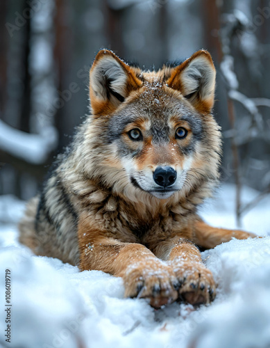 Adorable baby animal playing in the snow. Mesmerizing winter scene. Perfect for pet related projects and holiday cards.