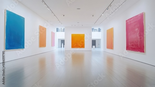 An art gallery with minimalist white walls and colorful abstract paintings. photo